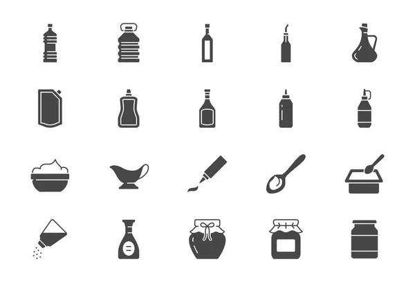 Sauser flate ikoner. Vektorillustrasjon omfatter ikon - krukke, kopp, eddik, majones, ketchup, rømme, ostesaus, glyph silhouette-piktogram for matkrydder. Svart farge – stockvektor