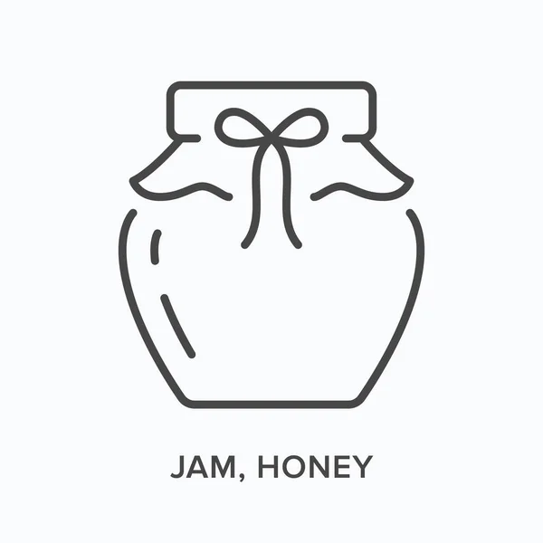 Sylt, honung platt linje ikon. Vektor skissera illustration av gelé potten. Svart tunn linjär piktogram för konserverad mat — Stock vektor