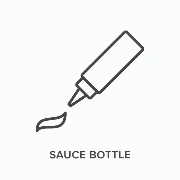 Saucenflasche flache Linie Symbol vorhanden. Vektorskizze Illustration des Ketchup-Behälters. Schwarzes dünnes lineares Piktogramm für Quetschproduktverpackung — Stockvektor