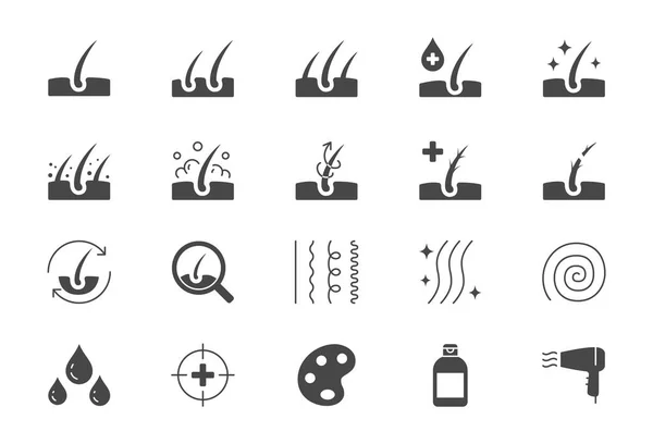 Hair cosmetic flat icons. Vector illustration include icon - skincare, frizzy, repair, revitalizing, scalp, dandruff, follicle glyph silhouette for trichology. Black color — Stock Vector