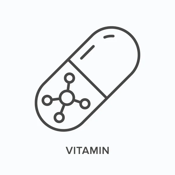 Icono de línea plana de vitamina. Ilustración del esquema vectorial de la cápsula. Pictograma lineal delgado negro para medicamentos — Archivo Imágenes Vectoriales