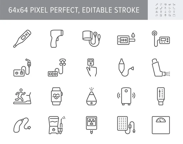 Personal medical devices line icons. Vector illustration include icon - thermometer, glucometer, insulin pump, outline pictogram for domestic health equipment. 64x64 Pixel Perfect, Editable Stroke — Vetor de Stock