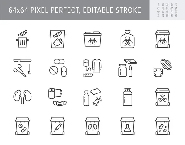 Medical waste devices line icons. Vector illustration include icon - glove, mask, biomedical, toxic, chemical, syringe outline pictogram for hazard trash. 64x64 Pixel Perfect, Editable Stroke — Vector de stock