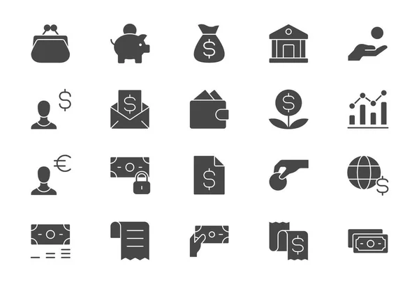 Finance savings simple flat icons. Vector illustration with minimal icon - piggy bank, banknote bundle, wallet, investor person, cash, insurance, globe glyph silhouette pictogram — Archivo Imágenes Vectoriales