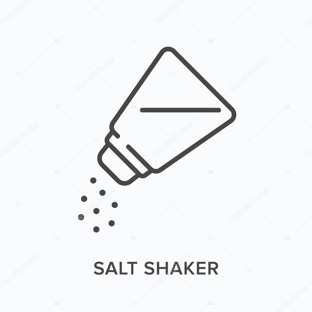 Salt shaker flat line icon. Vector outline illustration of bottle. Black thin linear pictogram for food dressing