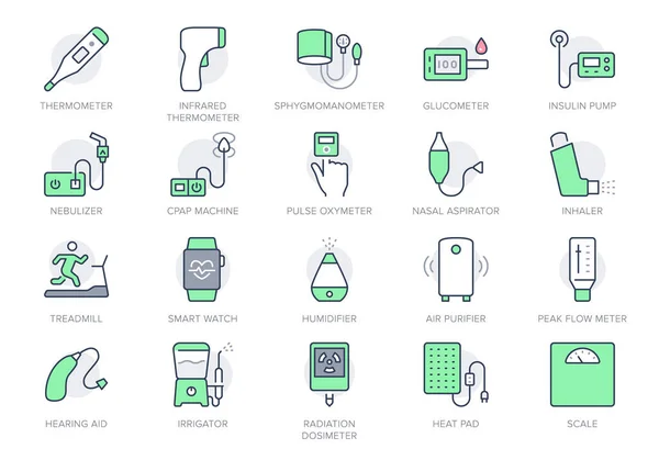 Iconos de línea de dispositivos médicos personales. La ilustración vectorial incluye iconos: termómetro, glucosímetro, bomba de insulina, pictograma de contorno para equipos de salud domésticos. Color verde, Carrera editable — Archivo Imágenes Vectoriales