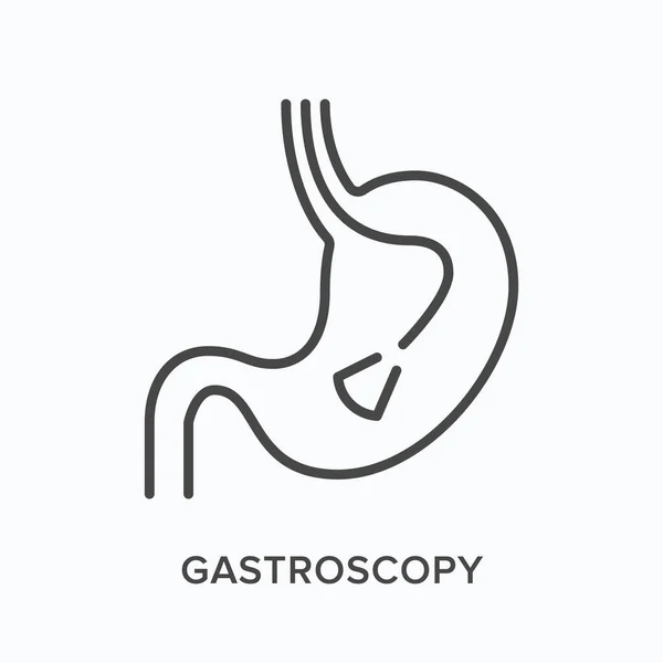 Gastroscopy ikon baris datar. Vektor menguraikan ilustrasi sistem pencernaan. Pictogram linear hitam tipis untuk penelitian endoskop - Stok Vektor