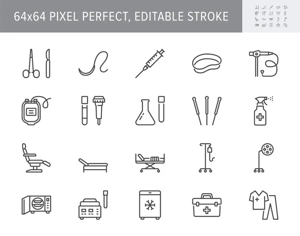 Medical equipment line icons. Vector illustration include icon - blood bag, scalpel, medical furniture, needle, endoscopy outline pictogram for healthcare store. 64x64 Pixel Perfect, Editable Stroke — Stock Vector