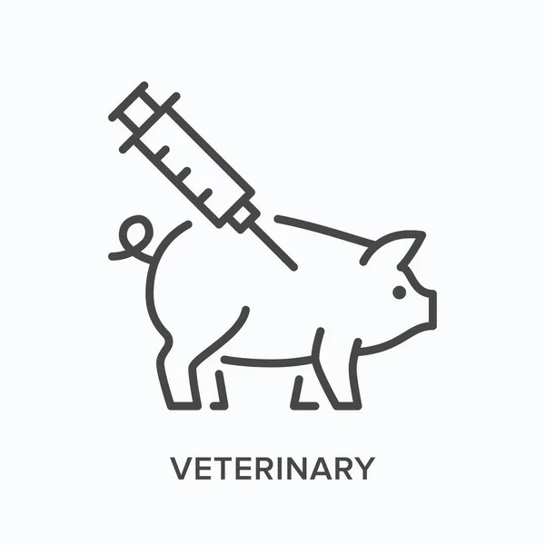 Ícone de linha plana veterinária. Delineamento do vetor ilustração de porco e seringa. Pictograma linear fino preto para vacinação animal — Vetor de Stock