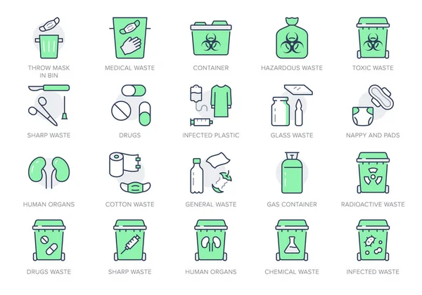 Iconos de línea de dispositivos de residuos médicos. La ilustración vectorial incluye iconos: guantes, máscaras, biomédicos, tóxicos, químicos, pictograma de contorno de jeringa para basura peligrosa. Color verde, Carrera editable — Archivo Imágenes Vectoriales