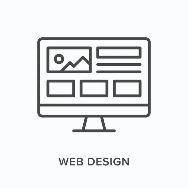 Web design flat line icon. Vector outline illustration of monitor and ui. Black thin linear pictogram for software interface — Stock Vector