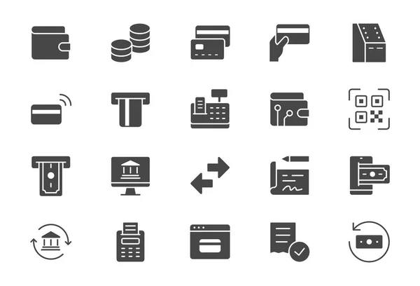 Financiar operaciones simples iconos planos. Ilustración vectorial con icono mínimo: banca, tarjeta de crédito, pago sin contacto, rápido, efectivo, cajero automático, pictograma de silueta de glifo. Color negro — Archivo Imágenes Vectoriales