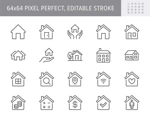 Home line icons. Vector illustration include icon - country house, property, cottage, chimney, homepage, residential building outline pictogram for real estate. 64x64 Pixel Perfect, Editable Stroke — Stock Vector