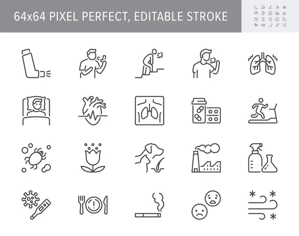 Ícones da linha de asma. Ilustração vetorial incluem ícone - inalador, tosse, pólen, poeira, pulmão, gripe, raio-x, taquicardia, pictograma de contorno da respiração para alérgeno. 64x64 Pixel perfeito, curso editável — Vetor de Stock