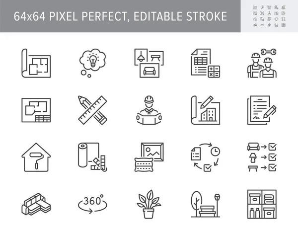 Iconos de línea de diseño de interiores. La ilustración vectorial incluye icono: arquitectura, plano, cálculo del proyecto, pictograma de esquema de documentación para la decoración del hogar. 64x64 Pixel Perfecto, Carrera editable — Vector de stock