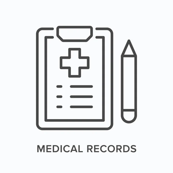 Registros médicos icono de línea plana. Ilustración del esquema vectorial del comprimido clínico y la pluma. Pictograma lineal delgado negro para documento hospitalario — Vector de stock