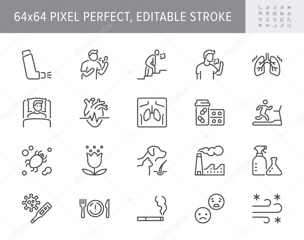 Asthma line icons. Vector illustration include icon - inhaler, cough, pollen, dust, lung, flu, xray, tachycardia, breath outline pictogram for allergen. 64x64 Pixel Perfect, Editable Stroke