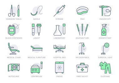 Medical equipment line icons. Vector illustration include icon - blood bag, scalpel, medical furniture, needle, endoscopy outline pictogram for healthcare store. Green color, Editable Stroke clipart