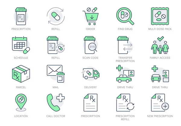 Ícones de linha de recarga de prescrição. Ilustração vetorial incluem ícone farmácia, garrafa rx, medicação, drive thru, pictograma esboço de farmácia para loja farmacêutica. Cor verde, curso editável — Vetor de Stock