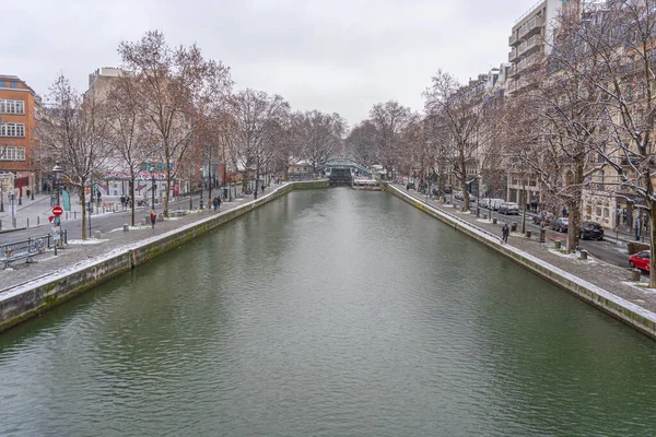 París Francia 2021 Vista Canal Cuenca Villeta Bajo Nieve —  Fotos de Stock