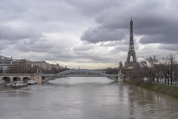 フランス 2021年 セーヌ川の洪水の間にグレネル橋からエッフェル塔とスワン島の景色 — ストック写真