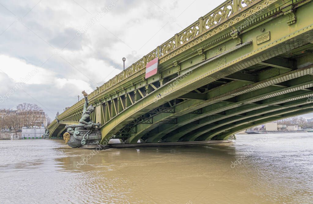 Paris, France - 02 05 2021: Detail of the Mirabeau Bridge during the Seine flood