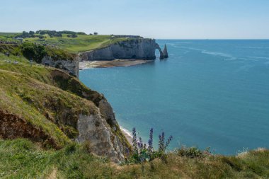 Etretat, Fransa - 05 31 2019: Et uçurumlarının panoramik görünümü