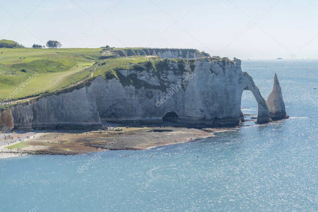 Etretat, France - 05 31 2019: Panoramic view of the cliffs of Et