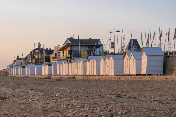 Mer Frankrike 2020 Strandstugor Stranden Vid Soluppgången Längs Havsmuren — Stockfoto