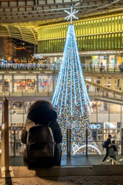 Paris, Fransa - 12: 16 2025 Noel Gecesine kadar Paris. Arkadan görülen genç bir kız, yılbaşı süsü olarak Le Forum des Halles 'in içindeki Noel ağacına bakıyor.