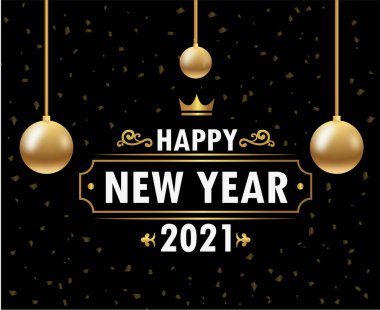  Beyaz mutlu yıl 2021 ile siyah zemin üzerindeki altın elementlerin vektör illüstrasyonu