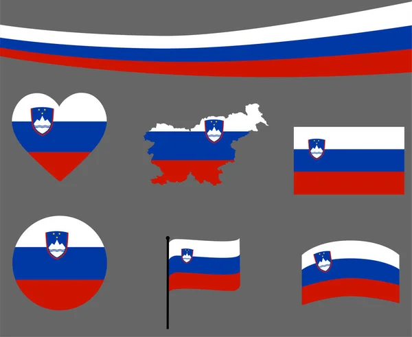 Slowenien Flagge Karte Band Und Herz Ikonen Vektor Illustration Sammlung — Stockvektor