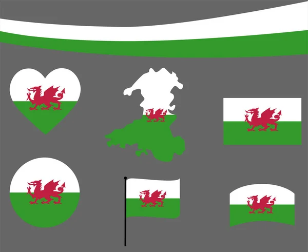 Wales Zászló Térkép Szalag Szív Ikonok Vektor Illusztráció Absztrakt Design — Stock Vector