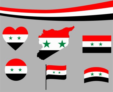 Suriye Bayrak Haritası Kurdele ve Kalp Simgesi Vektör Resimleri Soyut Ulusal Amblem Tasarımı Elementleri Koleksiyonu