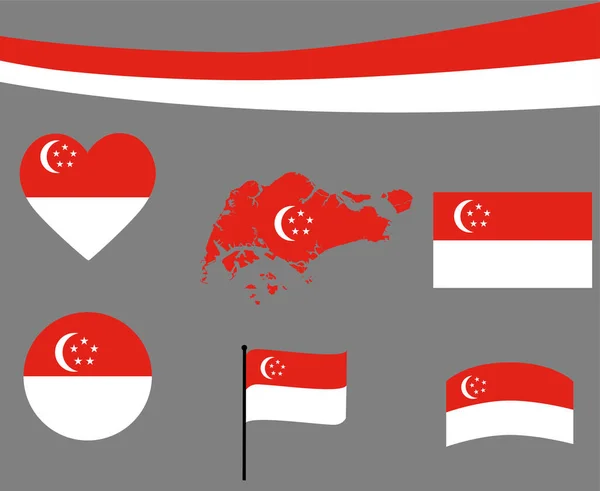 Singapore Flag Map Ribbon Heart Icons Vector Illustration Abstract National - Stok Vektor