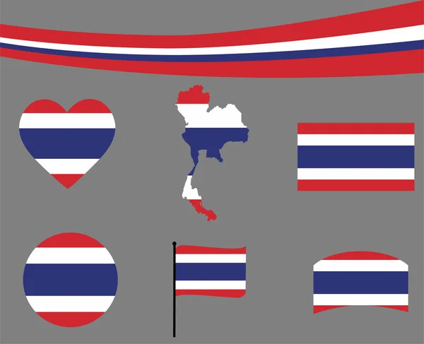 Carte Drapeau Thaïlandais Ruban Icônes Coeur Illustration Vectorielle Résumé Collection — Image vectorielle