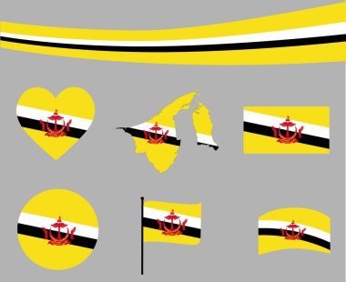 Brunei Bayrak Haritası Kurdele ve Kalp Simgesi Vektör Resimleri Soyut Ulusal Amblem Tasarımı Elementleri Koleksiyonu