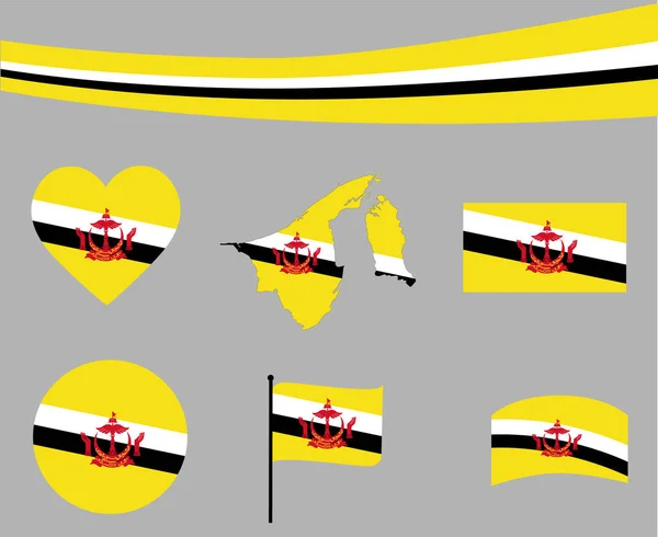 Brunei Flagga Karta Band Och Hjärta Ikoner Vektor Illustration Sammanfattning — Stock vektor