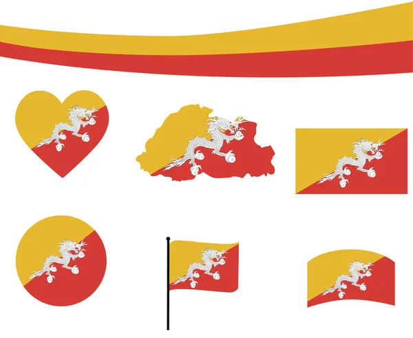 Bhutan Flag Map Ribbon Heart Icons Vector Illustration Abstract National — стоковий вектор
