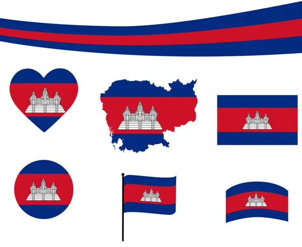 Mapa Bandera Camboya Iconos Cinta Corazón Vector Ilustración Abstract National — Vector de stock