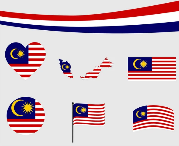 Maleisië Vlag Kaart Lint Hart Pictogrammen Vector Illustratie Kort Nationaal — Stockvector