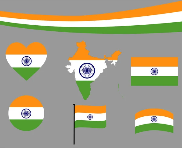 Índia Mapa Bandeira Fita Ícones Coração Ilustração Vetorial Abstract National — Vetor de Stock