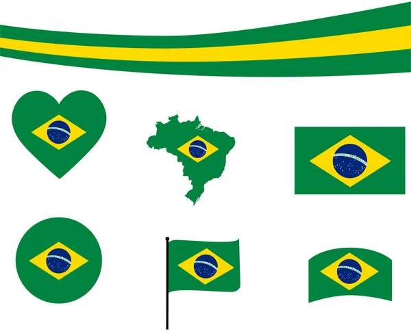 Brazilië Vlag Kaart Lint Hart Pictogrammen Vector Illustratie Abstract Nationaal — Stockvector