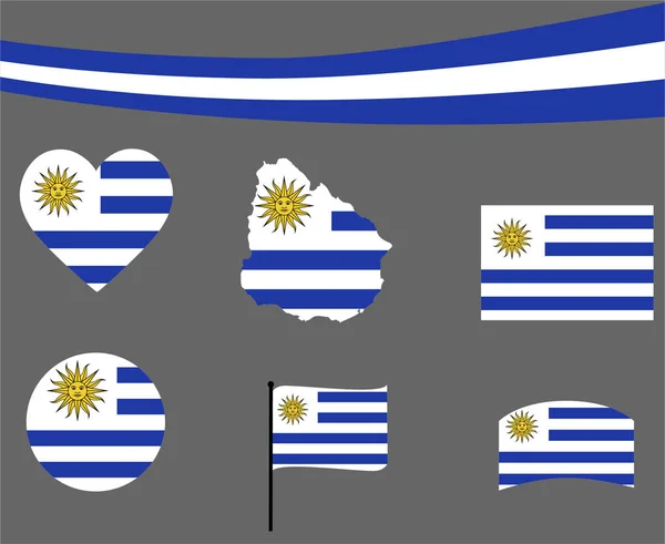 Uruguay Flag Map Ribbon Heart Icons Vector Illustration Abstract National — 图库矢量图片
