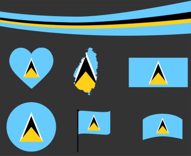Saint Lucia Bayrak Haritası Kurdele ve Kalp Simgesi Vektör Resimleri Soyut Ulusal Amblem Tasarım Elementleri Koleksiyonu