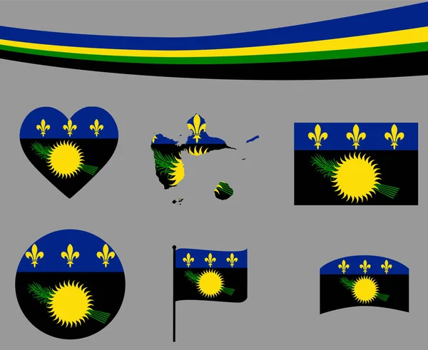 Flaga Gwadelupy Mapa Wstążka Ikony Serca Ilustracja Wektorowa Streszczenie Kolekcja — Wektor stockowy