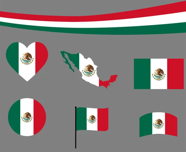 Mexico Vlag Kaart Lint Hart Pictogrammen Vector Illustratie Kort Nationaal — Stockvector