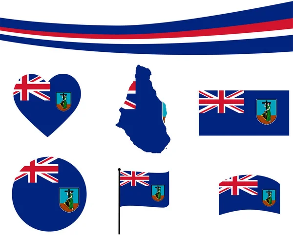 Mapa Flagi Montserrat Wstążka Ikony Serca Ilustracja Wektorowa Streszczenie Kolekcja — Wektor stockowy