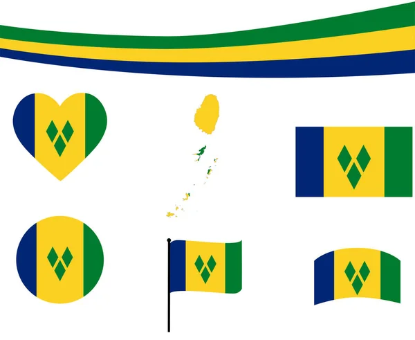 Saint Vincent Grenadines Vlag Kaart Lint Hart Pictogrammen Vector Illustratie — Stockvector