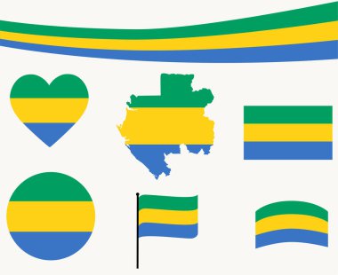 Gabon Bayrak Haritası Kurdele ve Kalp Simgesi Vektör Resimleri Soyut Ulusal Amblem Tasarım Elemanları Koleksiyonu